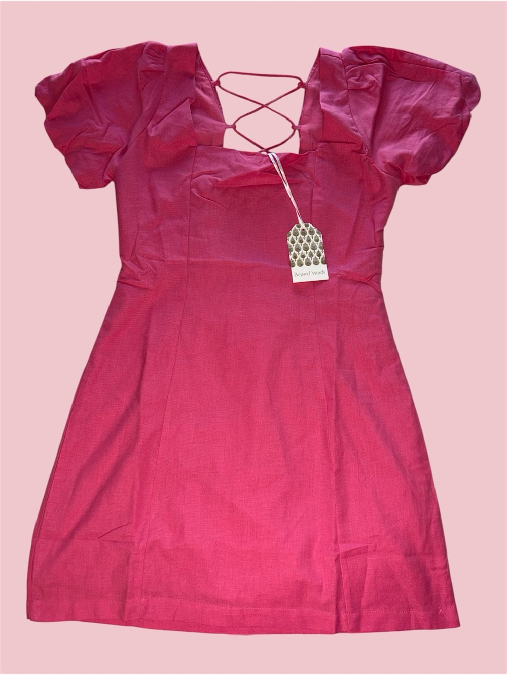 Beyond Words Pink Square Neck Puff Sleeve Dress with Criss Cross Back Detail